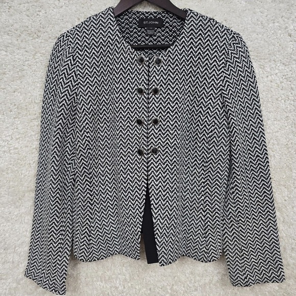 St John Jacket Women 12 Black White Herringbone Knit Long Sleeve Office Dog Show - Picture 2 of 16